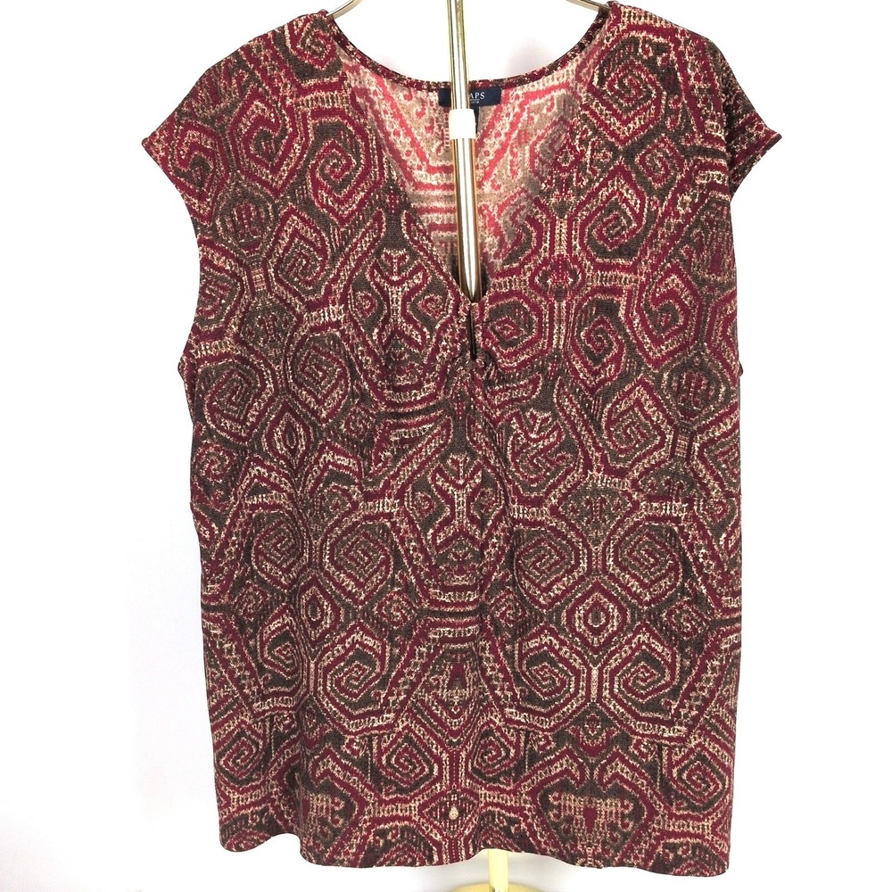 Chaps Women 3X Sleeveless Blouse Burgundy Brown Geometric Ruched V-Neck Knit Top